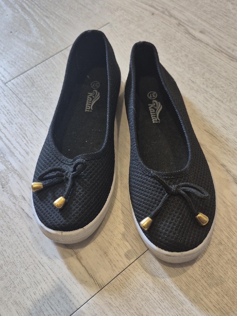 Black Slip-On Ballet Flats with Gold-Tip Bow